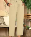 Kadın Bel Büzgü Ve Düğme Detay Kapri Keten Pantolon