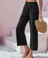 Kadın Bel Büzgü Ve Düğme Detay Kısa Geniş Paça Keten Pantolon