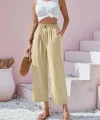 Kadın Bel Büzgü Ve Düğme Detay Kısa Geniş Paça Keten Pantolon