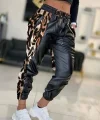 Kadın Bel Ve Paça Lastikli Leopar Yan şerit Detay Suni Deri Pantolon