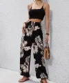 Kadın Bel Ve Paçası Lastik Detay Yaprak Desenli Süprem Kumaş Pantolon