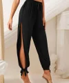 Kadın Beli Lastikli Bağcıklı Yanları Yırtmaç Detaylı Bilekten Bağcıklı Viskon Pantolon