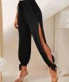 Kadın Beli Lastikli Bağcıklı Yanları Yırtmaç Detaylı Bilekten Bağcıklı Viskon Pantolon