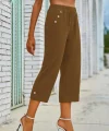 Kadın Beli Lastikli Düğme Ve Cep Detaylı Kapri Ithal Keten Pantolon