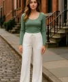 Kadın Beli Lastikli Pol Paça Pantolon