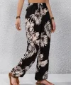Kadın Beli Ve Paçası Lastikli Yaprak Desen Süprem Kumaş Pantolon