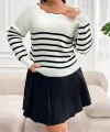 Kadın Beyaz Sırt Bağlama Detaylı çizgi Desen Triko Bluz