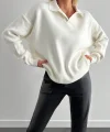 Kadın Beyaz Uzun Kollu Yakalı Triko Bluz