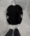 Kadın Bisiklet Yaka Baskılı SweatShirt - Siyah