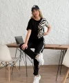 Kadın Bisiklet Yaka Kısa Kol Leopar Desen Bluz Ve Pantolon Ikili Takım