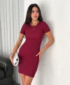 Kadın Bisiklet Yaka Kısa Kol Likralı Elbise - Bordo