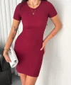 Kadın Bisiklet Yaka Kısa Kol Likralı Elbise - Bordo