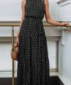Kadın Bisiklet Yaka Kolsuz Puantiye Baskılı Krep Kumaş Maxi Boy Elbise