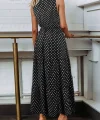 Kadın Bisiklet Yaka Kolsuz Puantiye Baskılı Krep Kumaş Maxi Boy Elbise