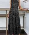 Kadın Bisiklet Yaka Kolsuz Puantiye Baskılı Krep Kumaş Maxi Boy Elbise
