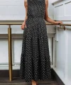Kadın Bisiklet Yaka Kolsuz Puantiye Baskılı Krep Kumaş Maxi Boy Elbise