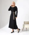 Kadın Bisiklet Yaka Leopar Fiyonk Detay Maxi Boy Elbise