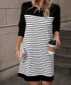 Kadın Bisiklet Yaka Uzun Kol çizgili Iki Iplik Kumaş Mini Boy Elbise