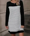 Kadın Bisiklet Yaka Uzun Kol çizgili Iki Iplik Kumaş Mini Boy Elbise