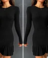 Kadın Bisiklet Yaka Uzun Kol Etek Ucu Fırfırlı Triko Mini Boy Elbise