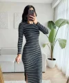 Kadın Bisiklet Yaka  Yırtmaç Detay Çizgili Elbise