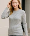 Kadın Bisiklet Yuvarlak Yaka Triko Kazak Pamuklu Kalın Fitilli Dokuma, Regular Fit Uzun Kollu Kışlık Model - Gri