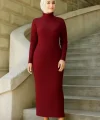 Kadın Boğazlı Uzun Fitilli Tesettüre Uygun Triko Dokuma Elbise - Bordo