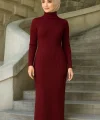 Kadın Boğazlı Uzun Fitilli Tesettüre Uygun Triko Dokuma Elbise - Bordo
