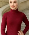 Kadın Boğazlı Uzun Fitilli Tesettüre Uygun Triko Dokuma Elbise - Bordo