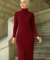 Kadın Boğazlı Uzun Fitilli Tesettüre Uygun Triko Dokuma Elbise - Bordo