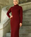 Kadın Boğazlı Uzun Fitilli Tesettüre Uygun Triko Dokuma Elbise - Bordo