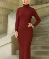 Kadın Boğazlı Uzun Fitilli Tesettüre Uygun Triko Dokuma Elbise - Bordo