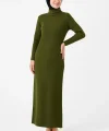 Kadın Tesettür Triko Elbise – Boğazlı Uzun Fitilli Dokuma, Esnek Tam Kalıp, 130 cm Midi Boy, Bahar & Kış Şık Rahat Stil - Haki