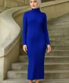 Kadın Boğazlı Uzun Fitilli Tesettüre Uygun Triko Dokuma Elbise - Saks Mavisi