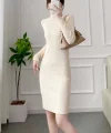 Kadın Boğazlı Uzun Fitilli Triko Dokuma Elbise - Beyaz