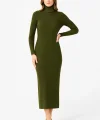 Kadın Boğazlı Triko Elbise – Uzun Fitilli Esnek Dokuma, Tam Kalıp, Kışlık & Baharlık Şık Rahat Stil, 130 cm Midi Boy Elbise - Haki