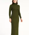 Kadın Boğazlı Triko Elbise – Uzun Fitilli Esnek Dokuma, Tam Kalıp, Kışlık & Baharlık Şık Rahat Stil, 130 cm Midi Boy Elbise - Haki