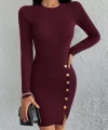 Kadın Bordo Uzun Kollu Bisiklet Yaka Yan Yırtmaç Düğme Detay Kısa Kaşkorse Elbise