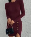 Kadın Bordo Uzun Kollu Bisiklet Yaka Yan Yırtmaç Düğme Detay Kısa Kaşkorse Elbise