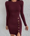 Kadın Bordo Uzun Kollu Bisiklet Yaka Yan Yırtmaç Düğme Detay Kısa Kaşkorse Elbise
