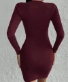 Kadın Bordo Uzun Kollu Bisiklet Yaka Yan Yırtmaç Düğme Detay Kısa Kaşkorse Elbise