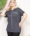 Kadın Büyük Beden Çizgili Taş Detaylı Kısa Kollu Likralı Viskon Tişört - Lacivert