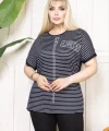Kadın Büyük Beden Çizgili Taş Detaylı Kısa Kollu Likralı Viskon Tişört - Lacivert