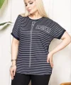 Kadın Büyük Beden Çizgili Taş Detaylı Kısa Kollu Likralı Viskon Tişört - Lacivert