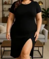 Kadın Büyük Beden Kısa Kollu Yanı Yırtmaçlı Bisiklet Yaka Viskon Elbise