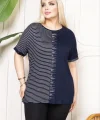 Kadın Büyük Beden Taş Detaylı Çizgili Viskon Tişört Bisiklet Yaka Rahat Kesim - Lacivert