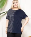 Kadın Büyük Beden Taş Detaylı Çizgili Viskon Tişört Bisiklet Yaka Rahat Kesim - Lacivert