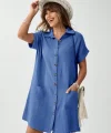 Kadın Cep Detay Müslin Kumaş Mini Gömlek Elbise