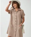 Kadın Cep Detay Müslin Kumaş Mini Gömlek Elbise