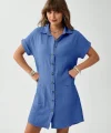 Kadın Cep Detay Müslin Kumaş Mini Gömlek Elbise
